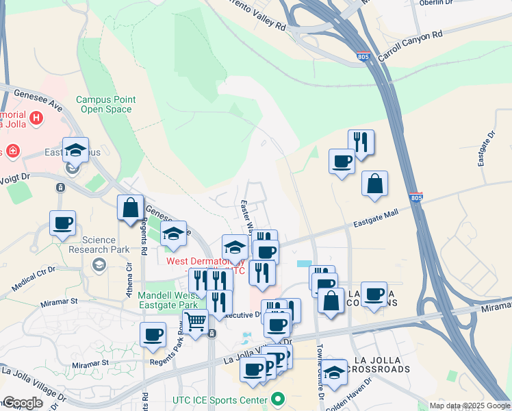 map of restaurants, bars, coffee shops, grocery stores, and more near 9677 Easter Way in San Diego