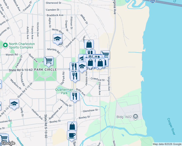 map of restaurants, bars, coffee shops, grocery stores, and more near 1075a East Montague Avenue in North Charleston