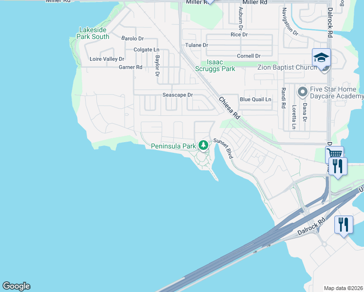 map of restaurants, bars, coffee shops, grocery stores, and more near 7432 Palisades Drive in Rowlett