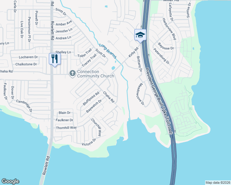 map of restaurants, bars, coffee shops, grocery stores, and more near 4306 Pecan Grove Lane in Rowlett