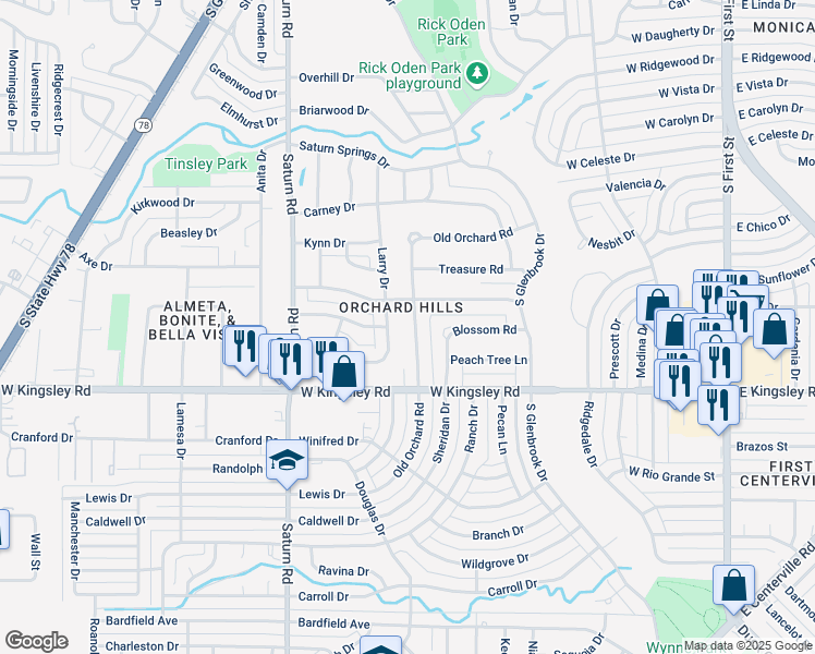 map of restaurants, bars, coffee shops, grocery stores, and more near 2901 Old Orchard Road in Garland