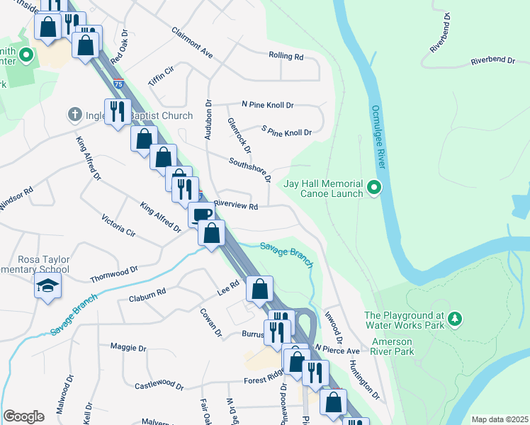 map of restaurants, bars, coffee shops, grocery stores, and more near 2854 Riverview Road in Macon