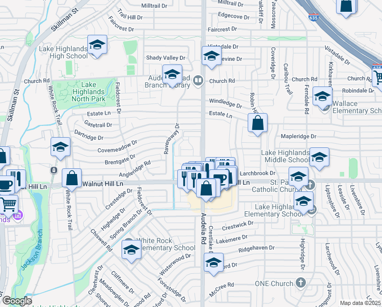 map of restaurants, bars, coffee shops, grocery stores, and more near 9857 Audelia Road in Dallas