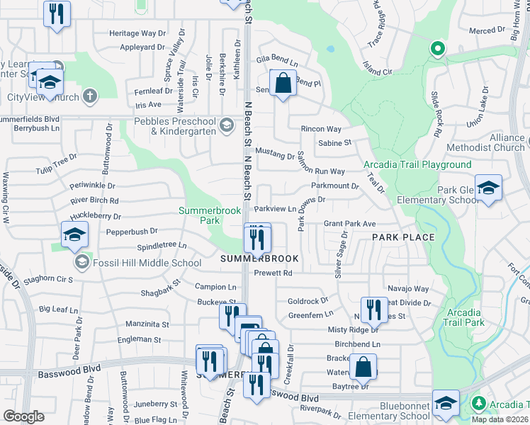 map of restaurants, bars, coffee shops, grocery stores, and more near 4526 Parkview Lane in Fort Worth