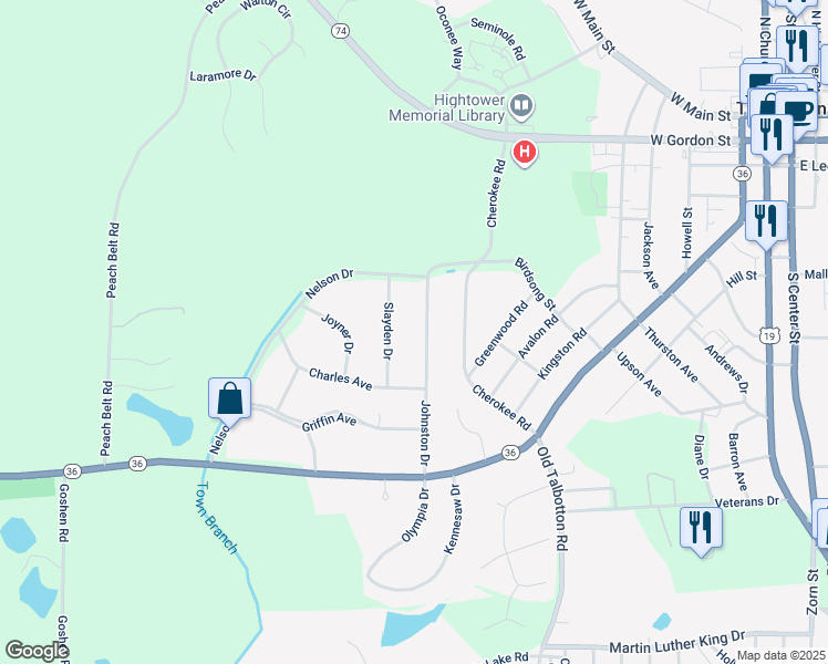 map of restaurants, bars, coffee shops, grocery stores, and more near 313 Johnston Drive in Thomaston