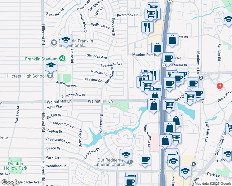 map of restaurants, bars, coffee shops, grocery stores, and more near 7330 Blairview Drive in Dallas