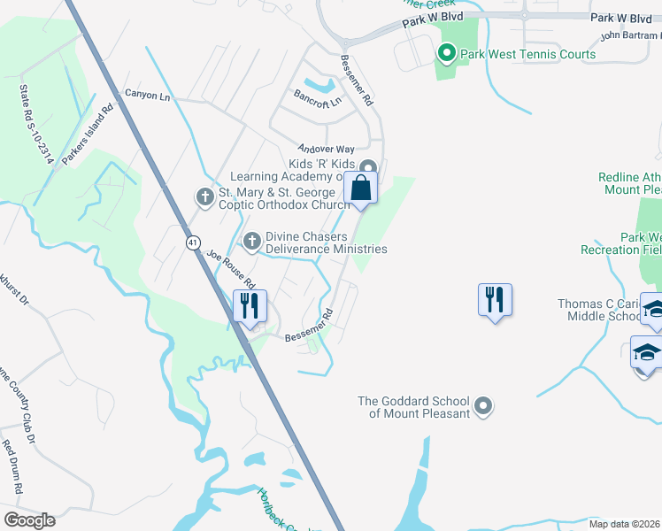 map of restaurants, bars, coffee shops, grocery stores, and more near 1471 Brightwood Drive in Mount Pleasant