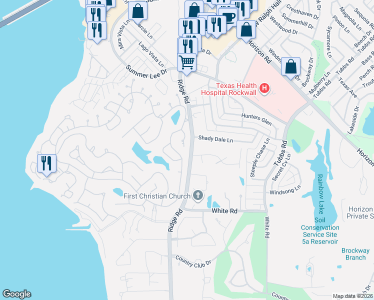 map of restaurants, bars, coffee shops, grocery stores, and more near 106 Independence Place in Rockwall