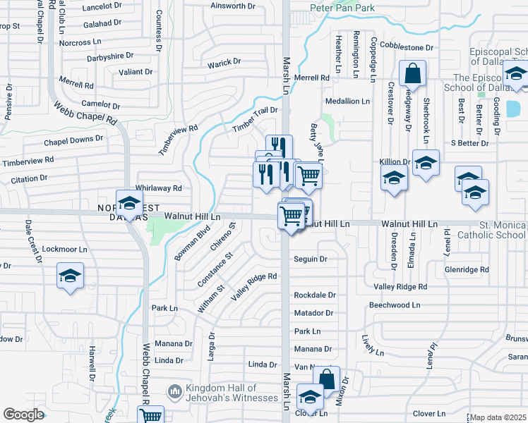 map of restaurants, bars, coffee shops, grocery stores, and more near 10020 Glenrio Lane in Dallas