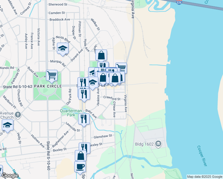 map of restaurants, bars, coffee shops, grocery stores, and more near in North Charleston