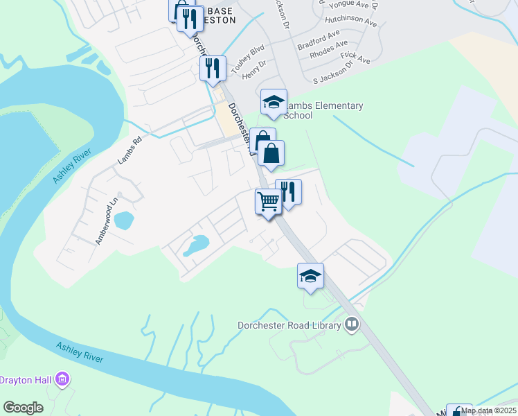 map of restaurants, bars, coffee shops, grocery stores, and more near 6601 Dorchester Road in North Charleston