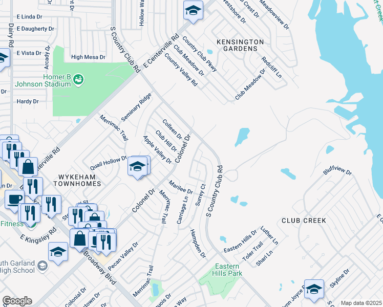 map of restaurants, bars, coffee shops, grocery stores, and more near 1522 Colonel Drive in Garland