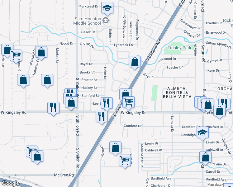 map of restaurants, bars, coffee shops, grocery stores, and more near 2813 Wimbledon Court in Garland