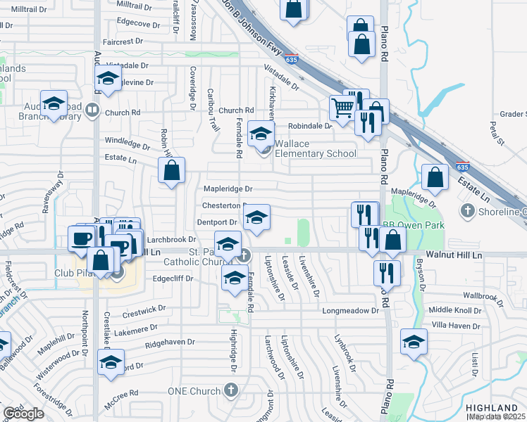 map of restaurants, bars, coffee shops, grocery stores, and more near 10229 Chesterton Drive in Dallas