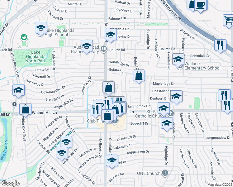 map of restaurants, bars, coffee shops, grocery stores, and more near 9842 Audelia Road in Dallas