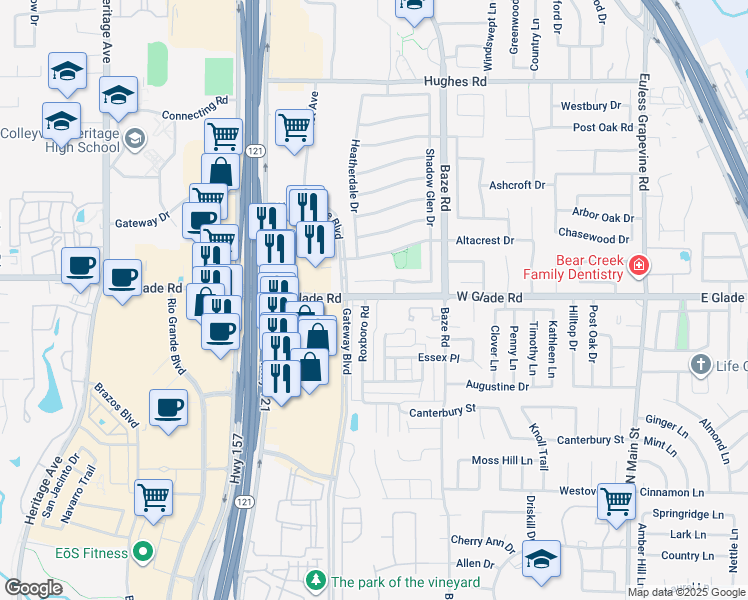 map of restaurants, bars, coffee shops, grocery stores, and more near 1833 Glen Wood Drive in Grapevine