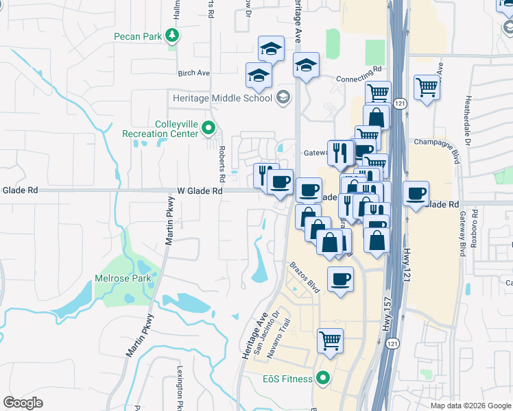 map of restaurants, bars, coffee shops, grocery stores, and more near 3801 Glade Road in Colleyville