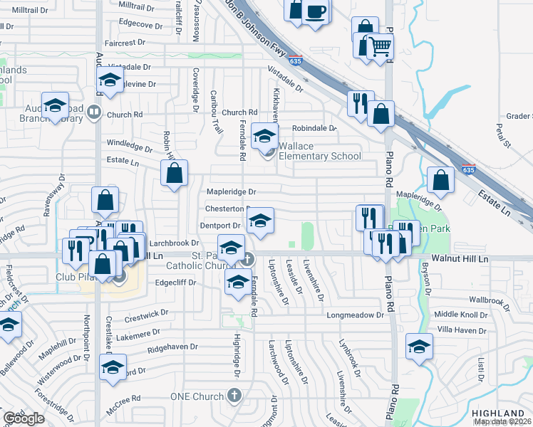 map of restaurants, bars, coffee shops, grocery stores, and more near 10229 Chesterton Drive in Dallas
