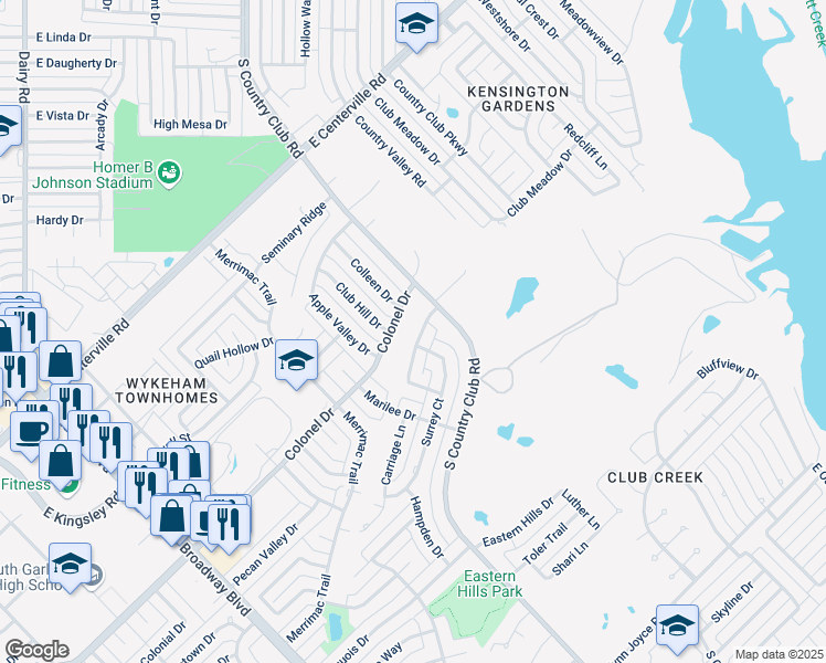 map of restaurants, bars, coffee shops, grocery stores, and more near 1522 Colonel Drive in Garland