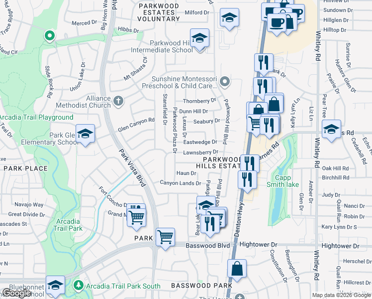 map of restaurants, bars, coffee shops, grocery stores, and more near 5517 Lawnsberry Drive in Fort Worth