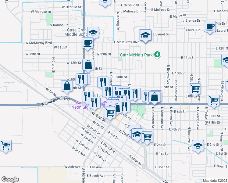 map of restaurants, bars, coffee shops, grocery stores, and more near 820 North Center Avenue in Casa Grande