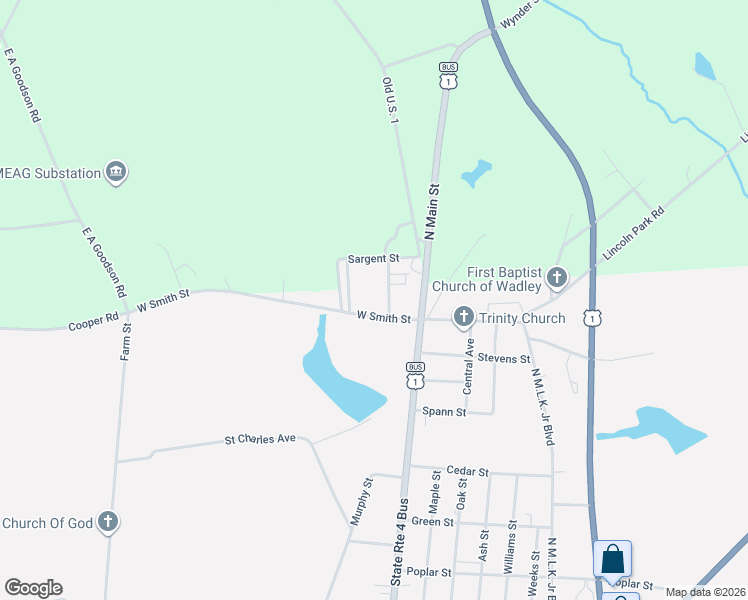map of restaurants, bars, coffee shops, grocery stores, and more near 50 West Smith Street in Wadley