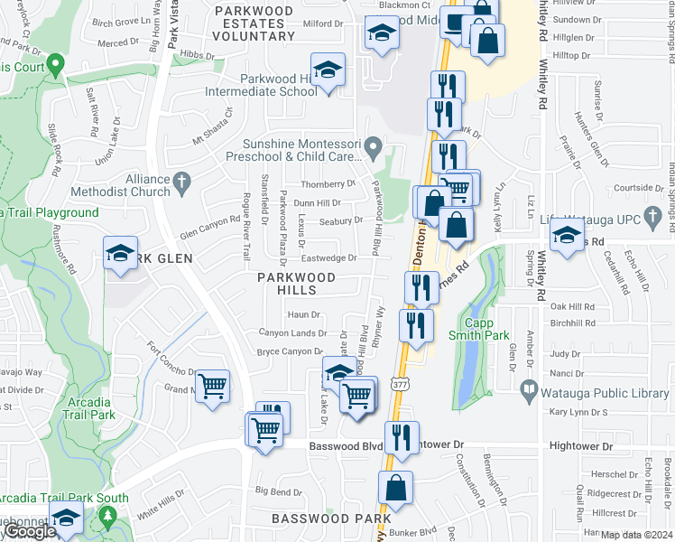 map of restaurants, bars, coffee shops, grocery stores, and more near 5549 Lawnsberry Drive in Fort Worth