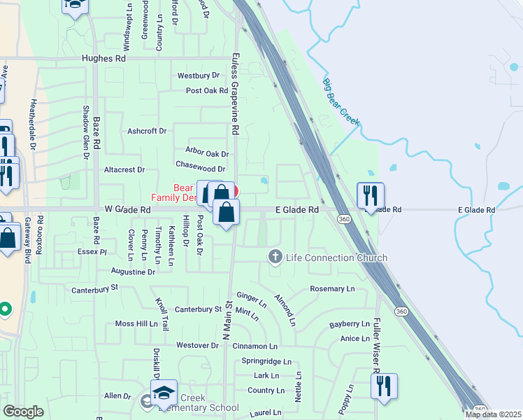 map of restaurants, bars, coffee shops, grocery stores, and more near 200 East Glade Road in Euless