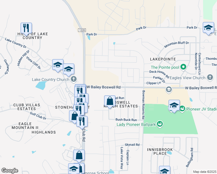 map of restaurants, bars, coffee shops, grocery stores, and more near 6252 West Bailey Boswell Road in Fort Worth