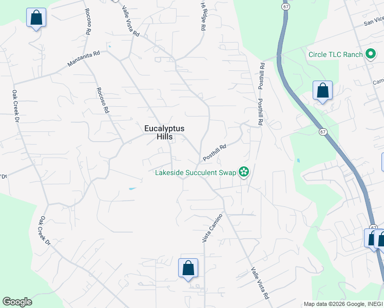 map of restaurants, bars, coffee shops, grocery stores, and more near 11795 Eucalyptus Hills Drive in Lakeside