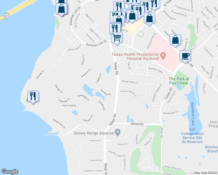 map of restaurants, bars, coffee shops, grocery stores, and more near 5603 Yacht Club Drive in Rockwall
