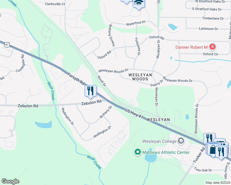 map of restaurants, bars, coffee shops, grocery stores, and more near 4927 Rivoli Drive in Macon