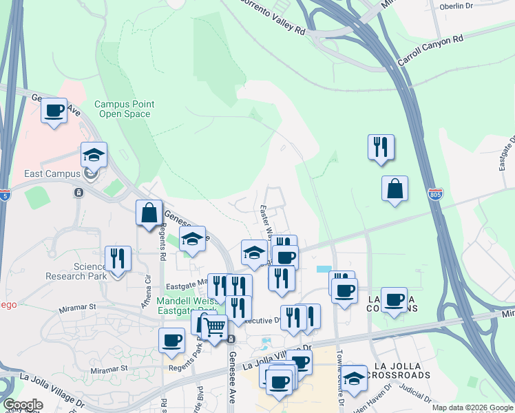 map of restaurants, bars, coffee shops, grocery stores, and more near 4305 Caminito Del Diamante in San Diego