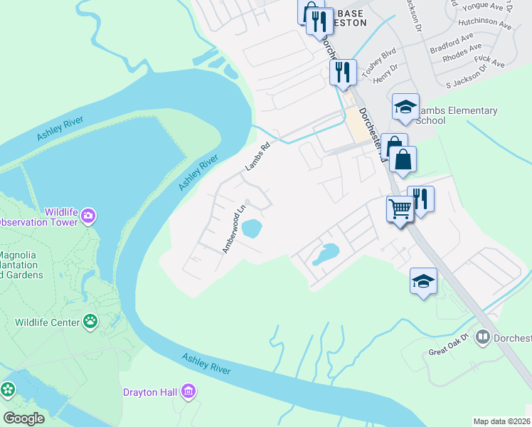 map of restaurants, bars, coffee shops, grocery stores, and more near 4905 Amberwood Lane in North Charleston