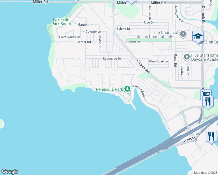 map of restaurants, bars, coffee shops, grocery stores, and more near 7400 Palisades Drive in Rowlett