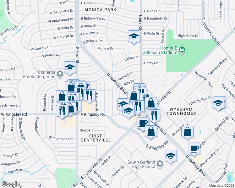 map of restaurants, bars, coffee shops, grocery stores, and more near 2831 Rilla Drive in Garland