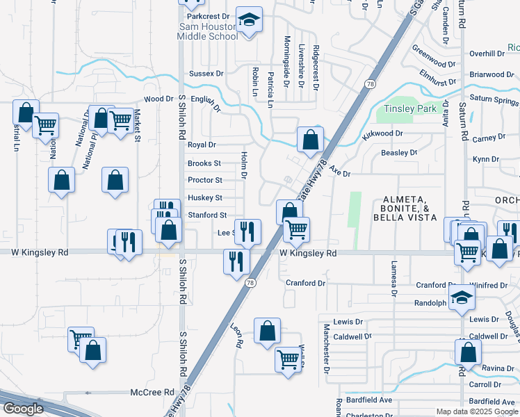 map of restaurants, bars, coffee shops, grocery stores, and more near 2813 Wimbledon Court in Garland
