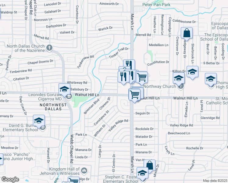 map of restaurants, bars, coffee shops, grocery stores, and more near 10020 Glenrio Lane in Dallas