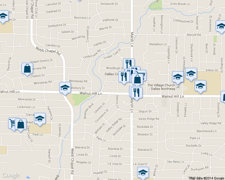 map of restaurants, bars, coffee shops, grocery stores, and more near 3631 Rickshaw Drive in Dallas
