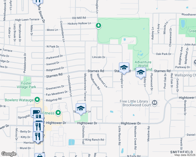 map of restaurants, bars, coffee shops, grocery stores, and more near 7301 Windcrest Lane in North Richland Hills