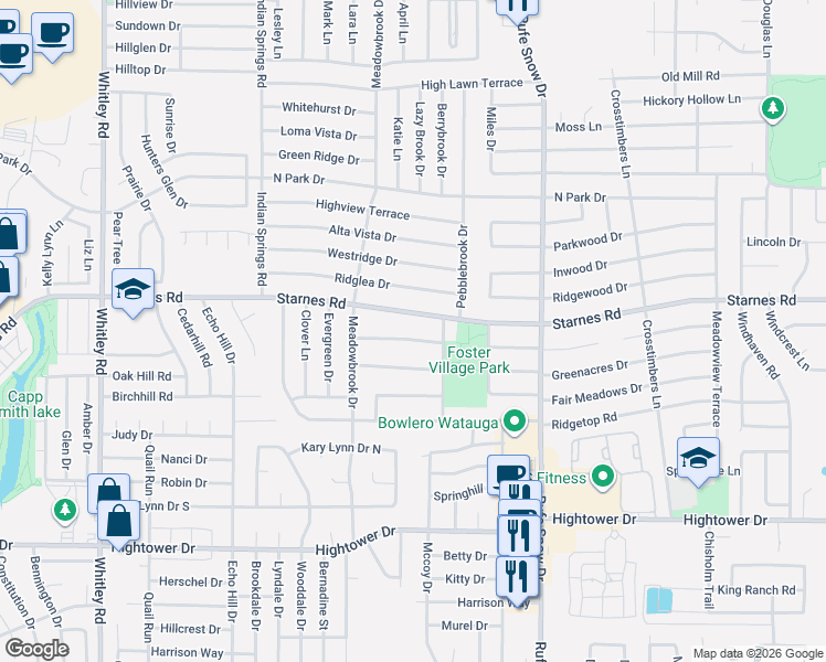 map of restaurants, bars, coffee shops, grocery stores, and more near 6528 Starnes Road in Watauga