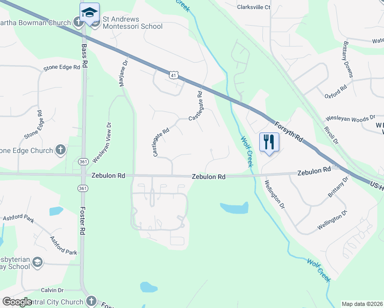 map of restaurants, bars, coffee shops, grocery stores, and more near 158 Tattershall Court in Macon