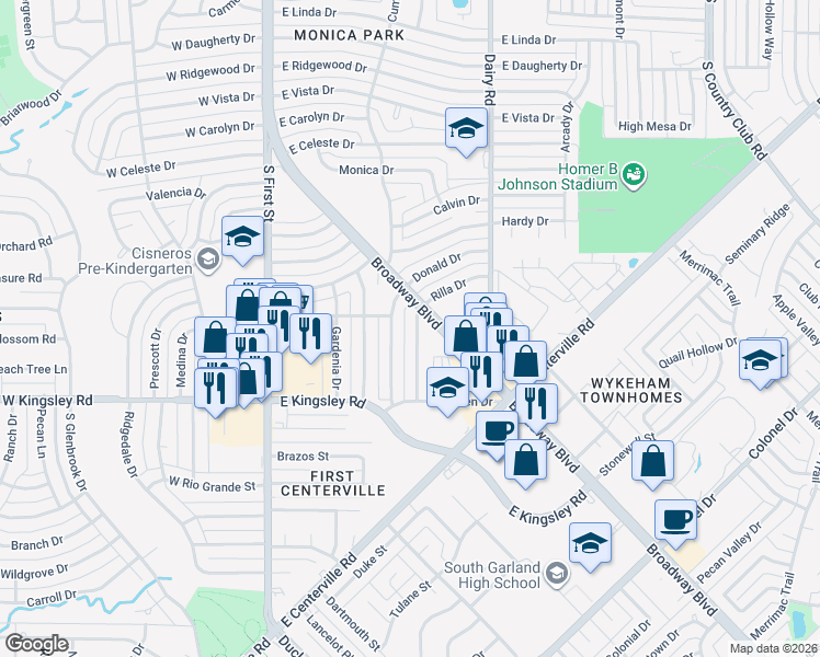 map of restaurants, bars, coffee shops, grocery stores, and more near 2831 Rilla Drive in Garland