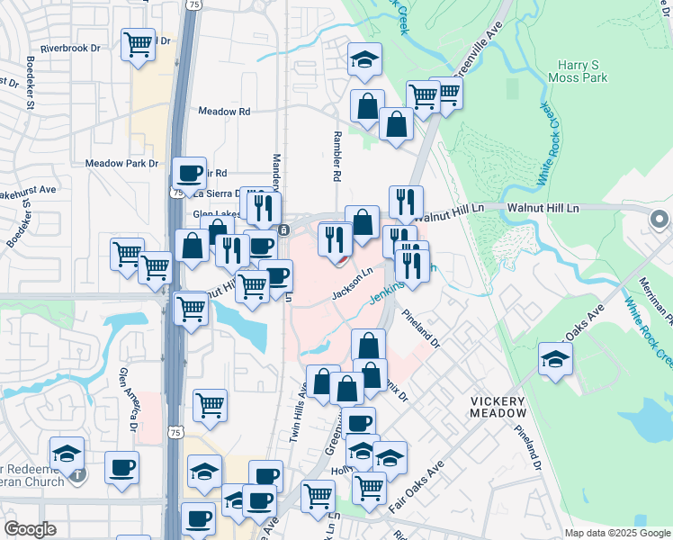 map of restaurants, bars, coffee shops, grocery stores, and more near 8200 Walnut Hill Lane in Dallas