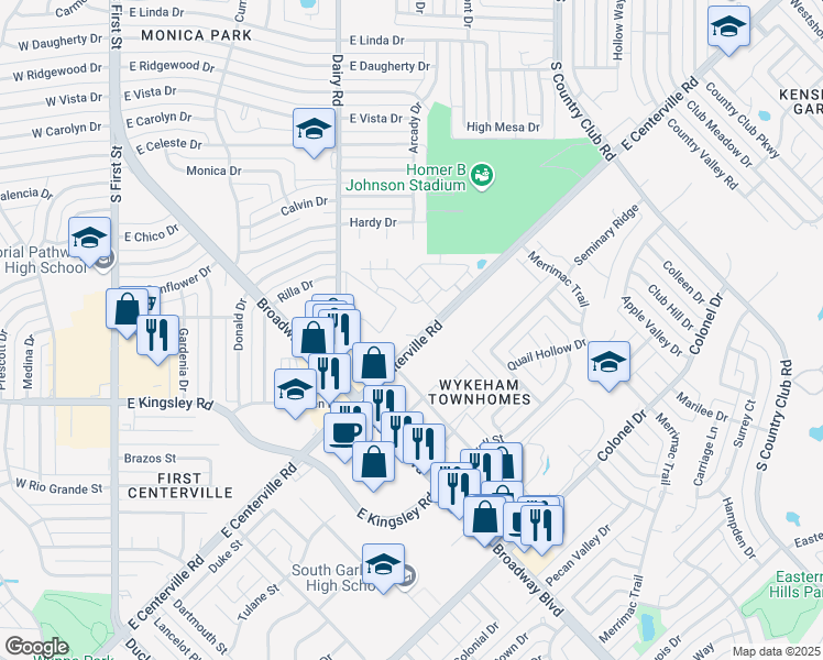 map of restaurants, bars, coffee shops, grocery stores, and more near 917 East Centerville Road in Garland