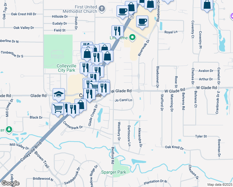 map of restaurants, bars, coffee shops, grocery stores, and more near 1117 Glade Road in Colleyville
