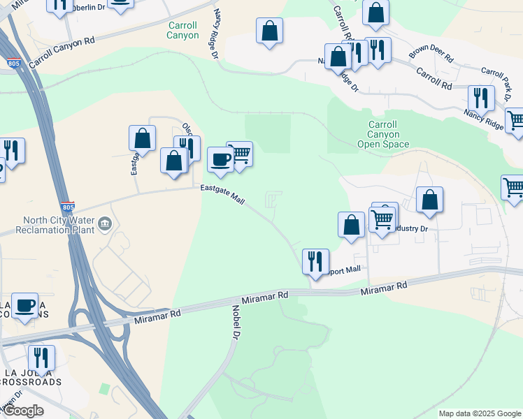 map of restaurants, bars, coffee shops, grocery stores, and more near 5410 Eastgate Mall in San Diego