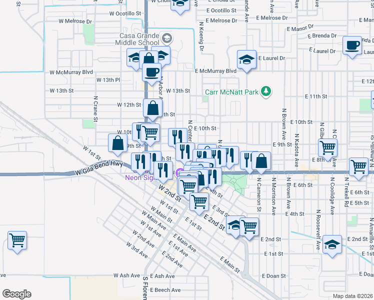 map of restaurants, bars, coffee shops, grocery stores, and more near 117 West 9th Street in Casa Grande