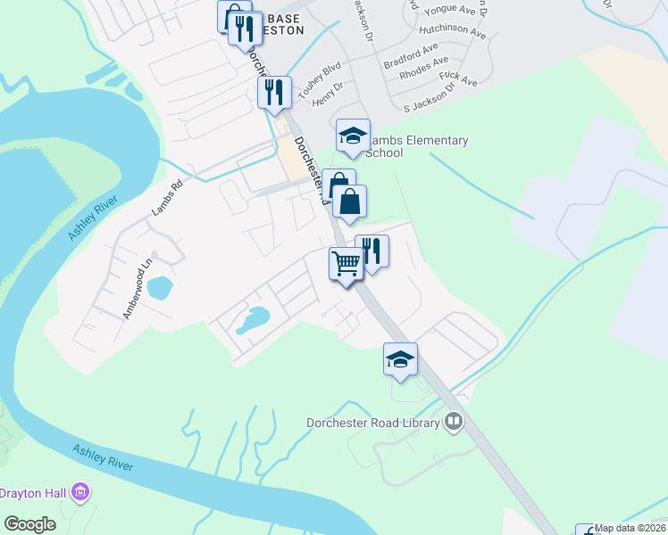 map of restaurants, bars, coffee shops, grocery stores, and more near 6601 Dorchester Road in North Charleston