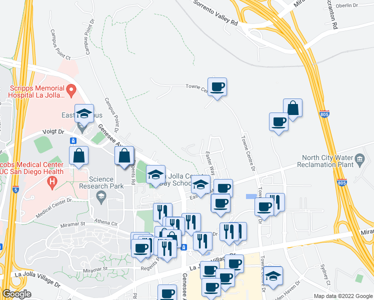 map of restaurants, bars, coffee shops, grocery stores, and more near 4331 Caminito Del Zafiro in San Diego